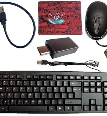 Anjo 5 in 1 Combo of Wired Keyboard, Wired Mouse, Anti-Skid Mouse Pad, 4 Ports USB Hub 3.0 Type A & OTG C to A Type
